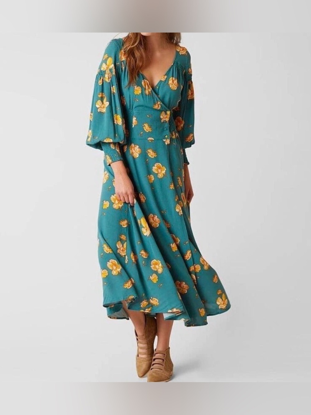 Free People So Sweetly Floral Midi Dress Teal Blue Smocked Boho Long Sleeve XS